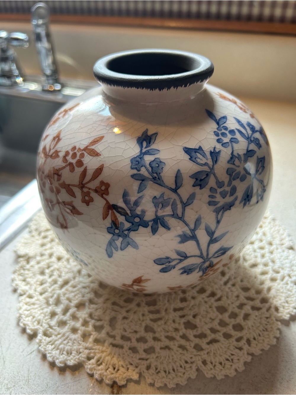 Hand-Painted Floral Ceramic Vase in Blue and Brown